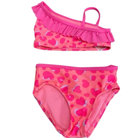 Cat & Jack Girls' One Shoulder Ruffle Bikini Set Size 12M Pink Hearts Swimsuit - Picture 10 of 10